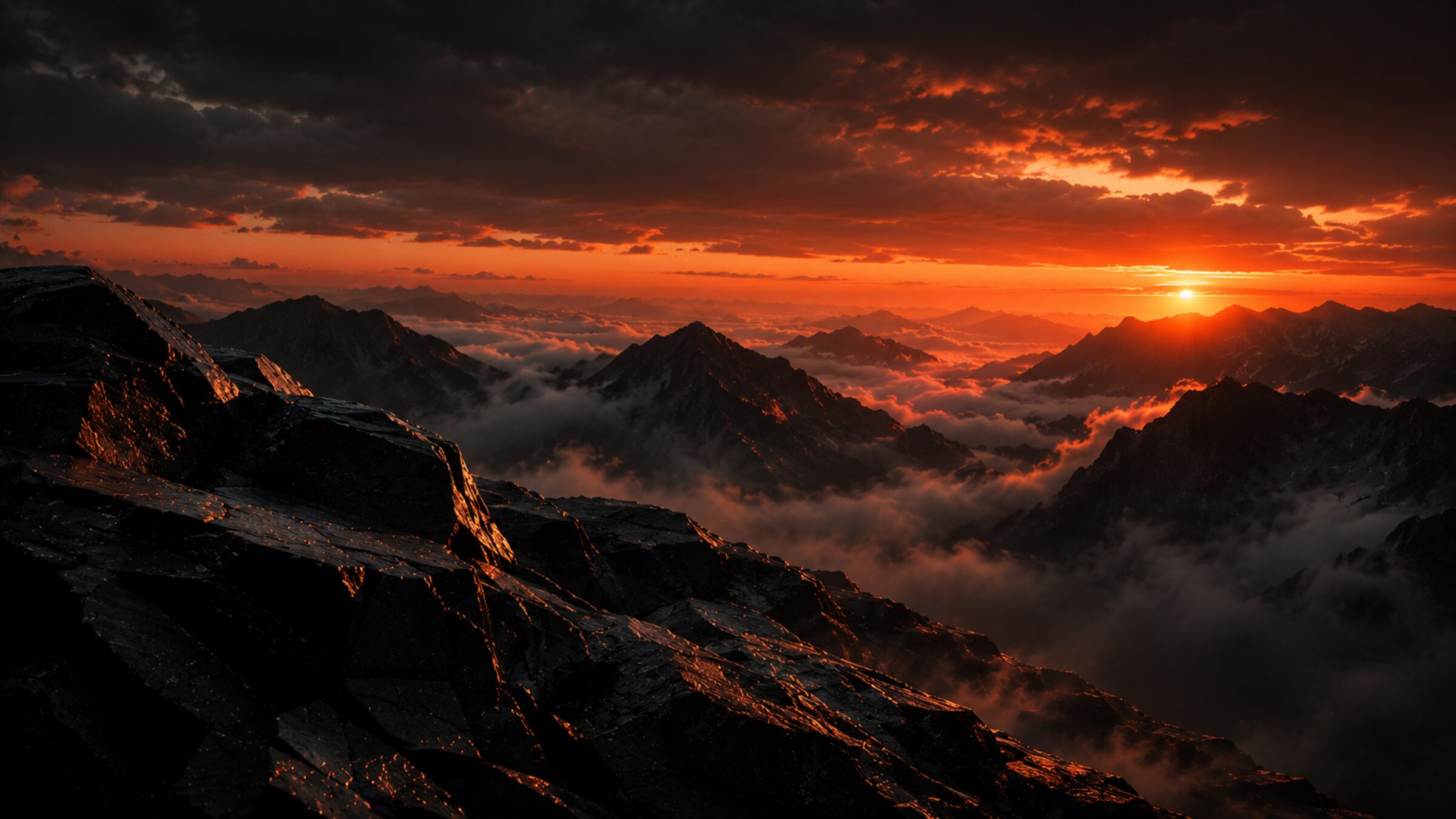 Mountain ridge above a sea of clouds at sunrise